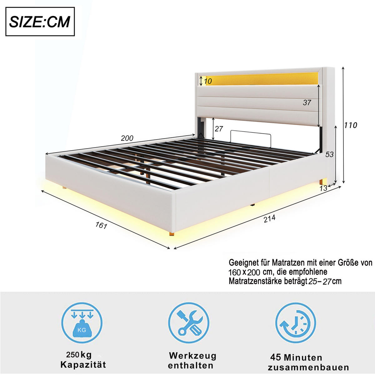 POLSTERBETT 160/200 cm Beige Hydraulisches Stauraumbett mit USB und LED-Beleuchtung - Beige, Textil (160/200cm) - OKWISH