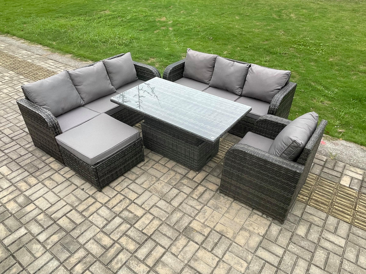 GARTENMÖBELSET mit Höhenverstellbarer Esstisch Polyrattan 8-Sitzer Grau - Dunkelgrau/Grau, Glas/Kunststoff - Fimous
