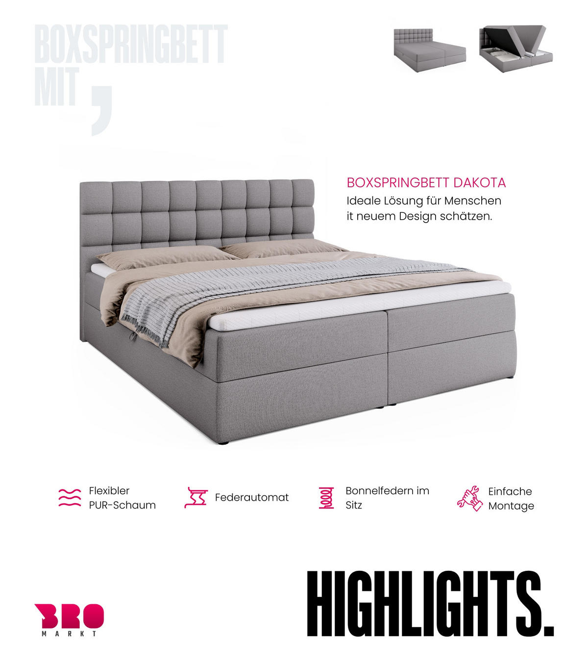 BOXBETT Dakota mit Topper 180/200 Grau - Grau, Textil (180/200cm) - Bromarkt