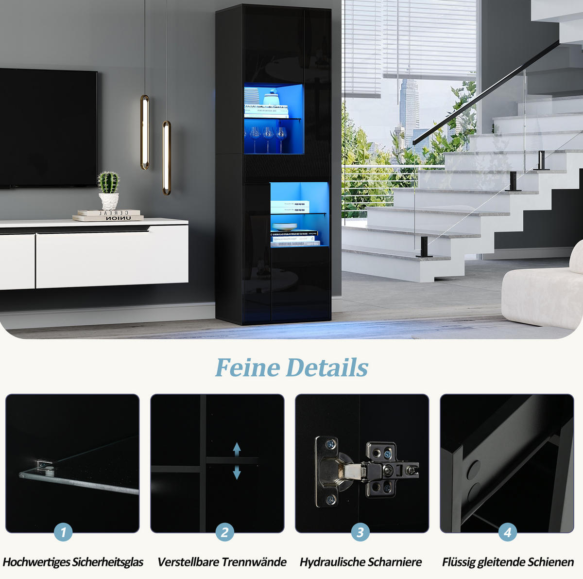 VITRINE 55/38/170 cm mit LED-Beleuchtung, Hochglanzfront und verstellbaren Einlegeböden, Schwarz - Schwarz, Holzwerkstoff (55/170/38cm) - Redom