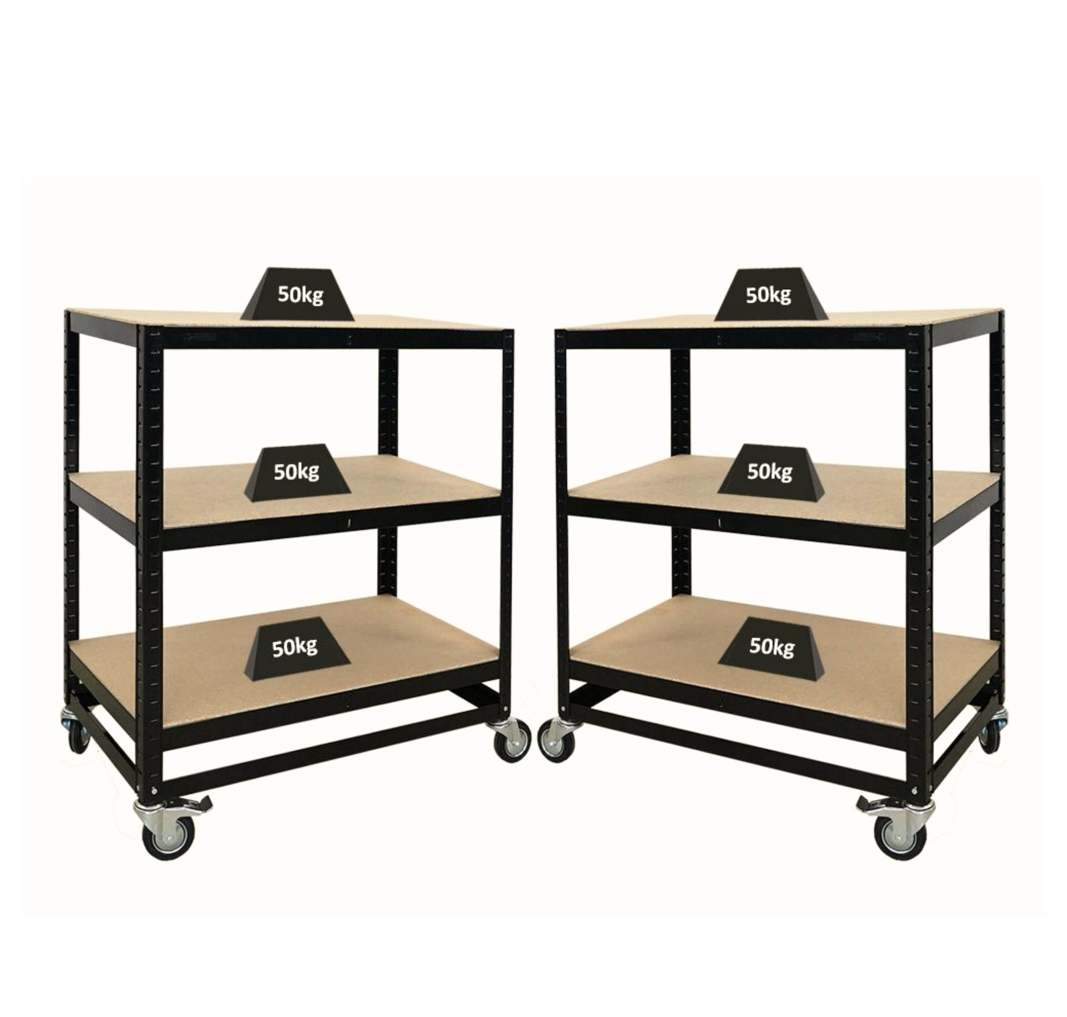 KOMMISSIONIERWAGEN 2er Set BÜFFEL 100x90x50cm 3 Ebenen Fachlast 50kg 2X Lenkrollen & 2X Lenkrollen mit Feststellbremse Schwarz - Schwarz, Metall (180/100/50cm) - PROREGAL
