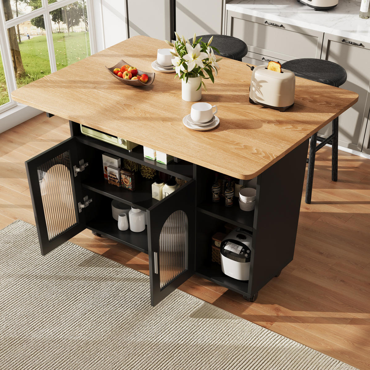 KÜCHENINSEL in Schwarz und Naturfarben Servierwagen mit Glastüren für Küche und Esszimmer, B120/T30/H79.5 cm - Schwarz/Naturfarben, Glas/Holzwerkstoff (120/79.5/70cm) - STILVORA