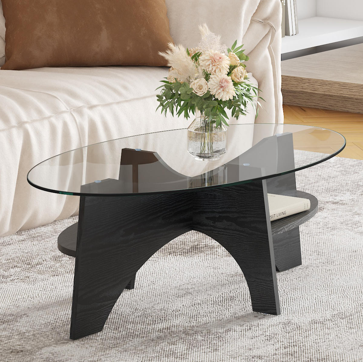 COUCHTISCH oval 104,9 x 60 cm Glas MDF in Schwarz Holzoptik - Schwarz, Glas (104.9/60/35.6cm) - Meubliv