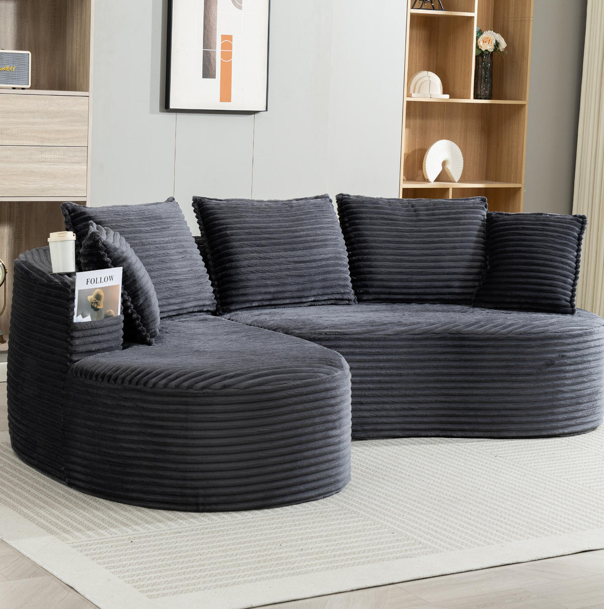 SOFA mit Getränkehaltern und Seitentaschen 250 x 152 cm Cord Dark Gray - Dunkelgrau, Textil (152/250cm) - Meubliv