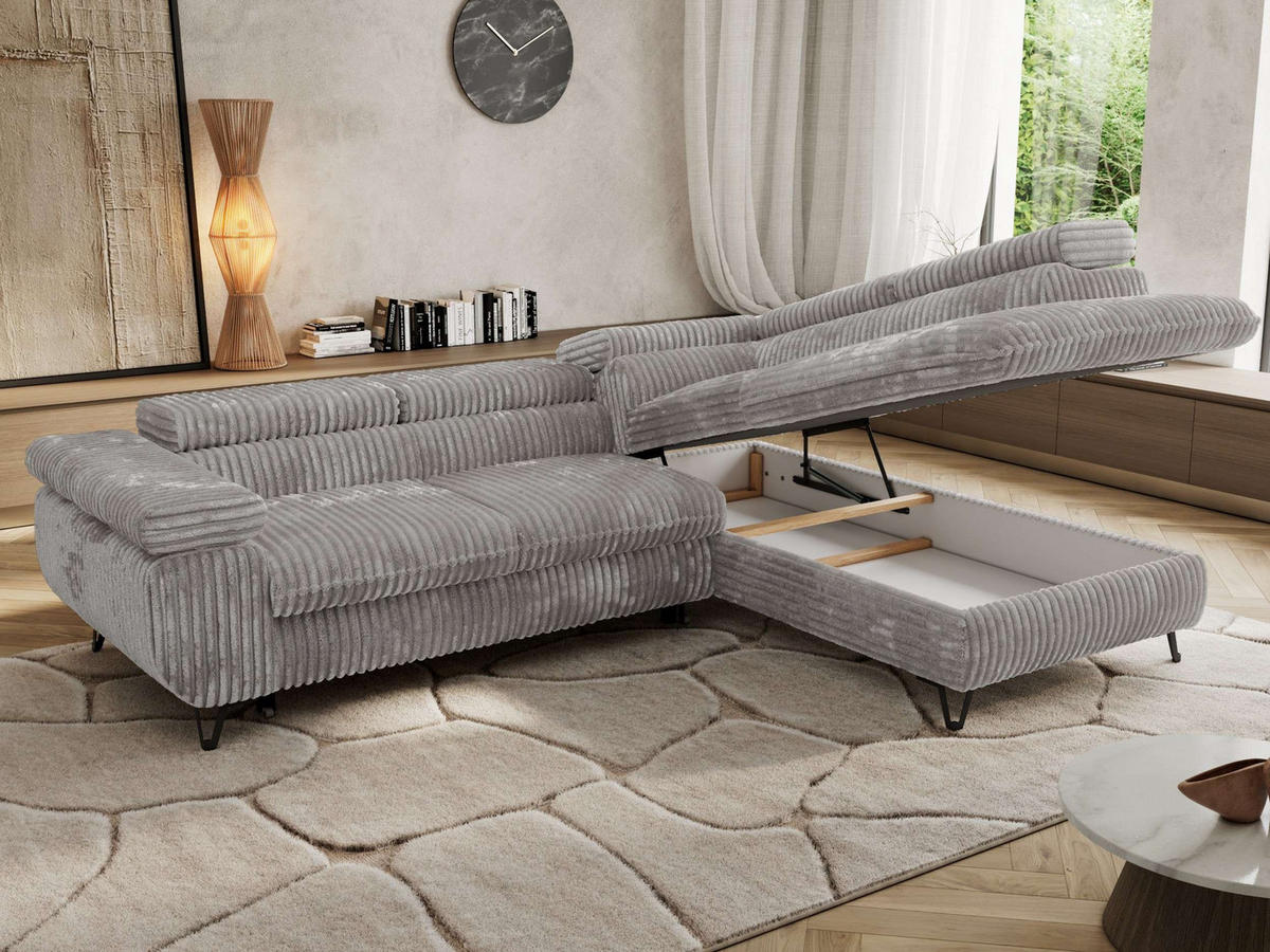 ECKSOFA PABLO L Hellgrau Cord - Rechts Seite mit T25 Topper - Hellgrau/Schwarz, Textil/Metall (273/208cm) - MKS