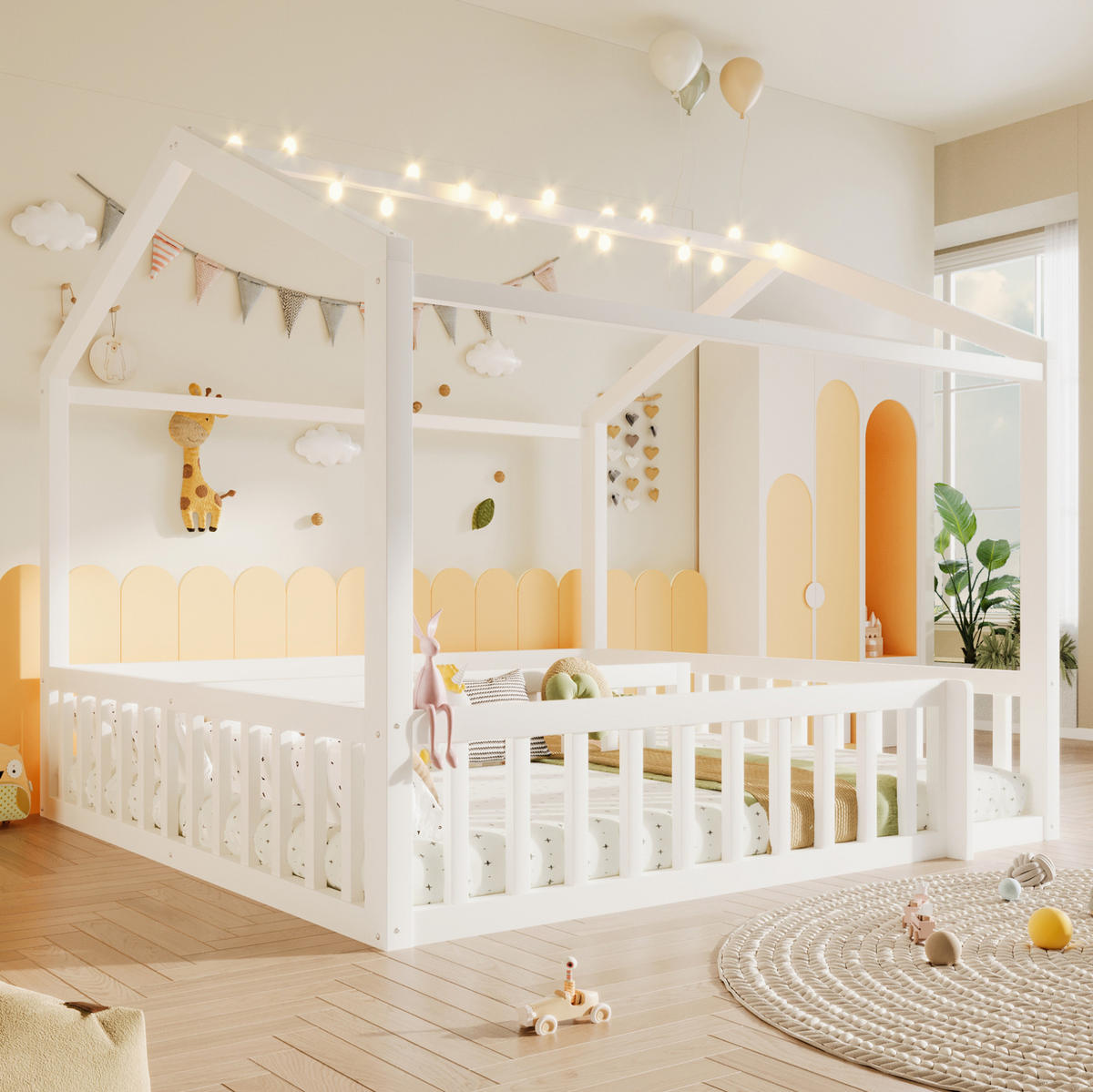 KINDERBETT 90/190 cm, teilbar zum 180/190 cm Bett, mit LED, Hausform und Rundum-Schutzgitter, Kiefer massiv, Weiß - Weiß, Holz (90/190cm) - Redom