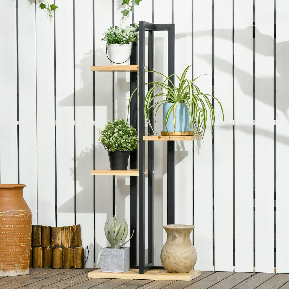 PFLANZENSTÄNDER DE-05315 4 Ebenen, Industrie-Design Schwarz/Natur - Schwarz/Naturfarben, Holz (45/25/110cm) - ComfortXL