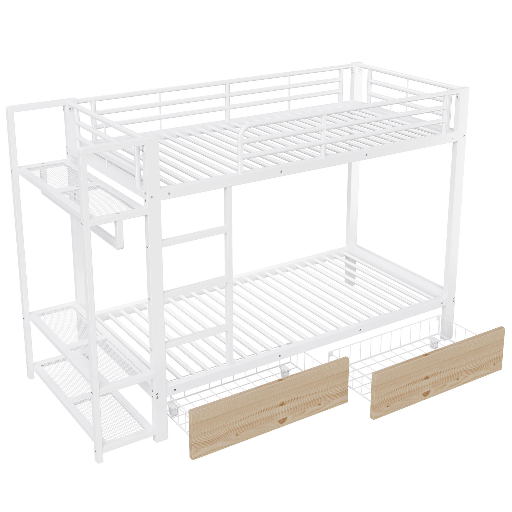 ETAGENBETT 90/200 cm Weiß mit LED-Lichtleiste, Kleiderstange, 2 Schubladen und mehrere Ablageflächen - Weiß, Metall (90/200cm) - Oxeza