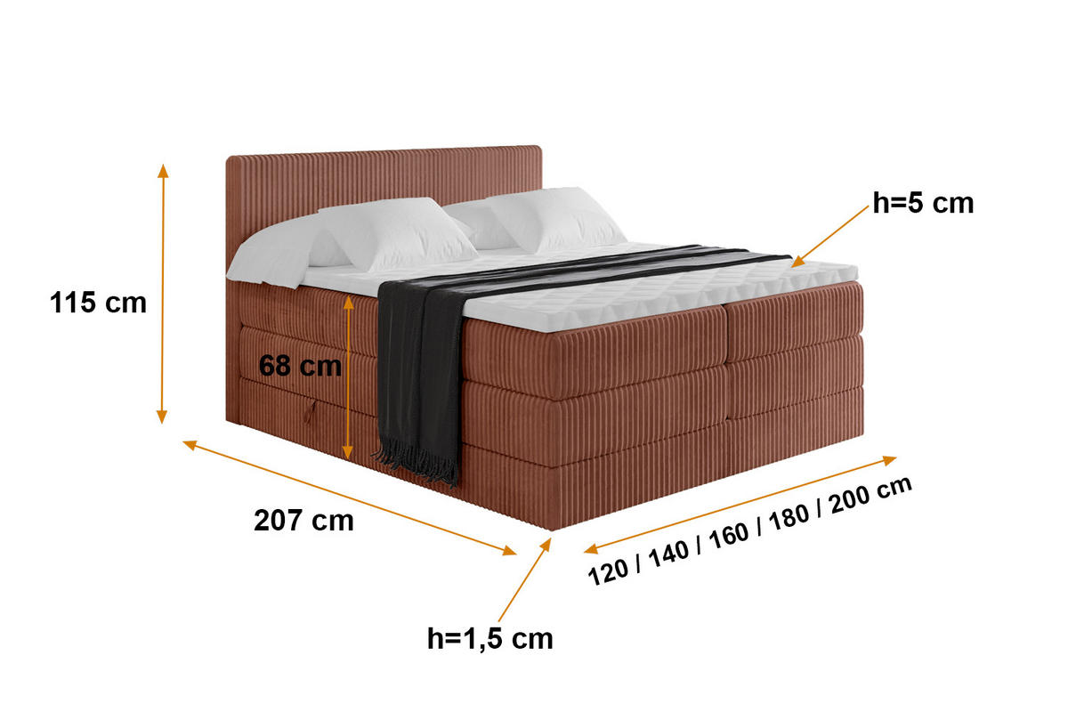 BOXSPRINGBETT mit Matratze H3|H4 und Lattenrost - TOLO KING 200x200 Cord - Ziegelrot - Rostfarben, Holzwerkstoff (200/200cm) - ALTDECOR