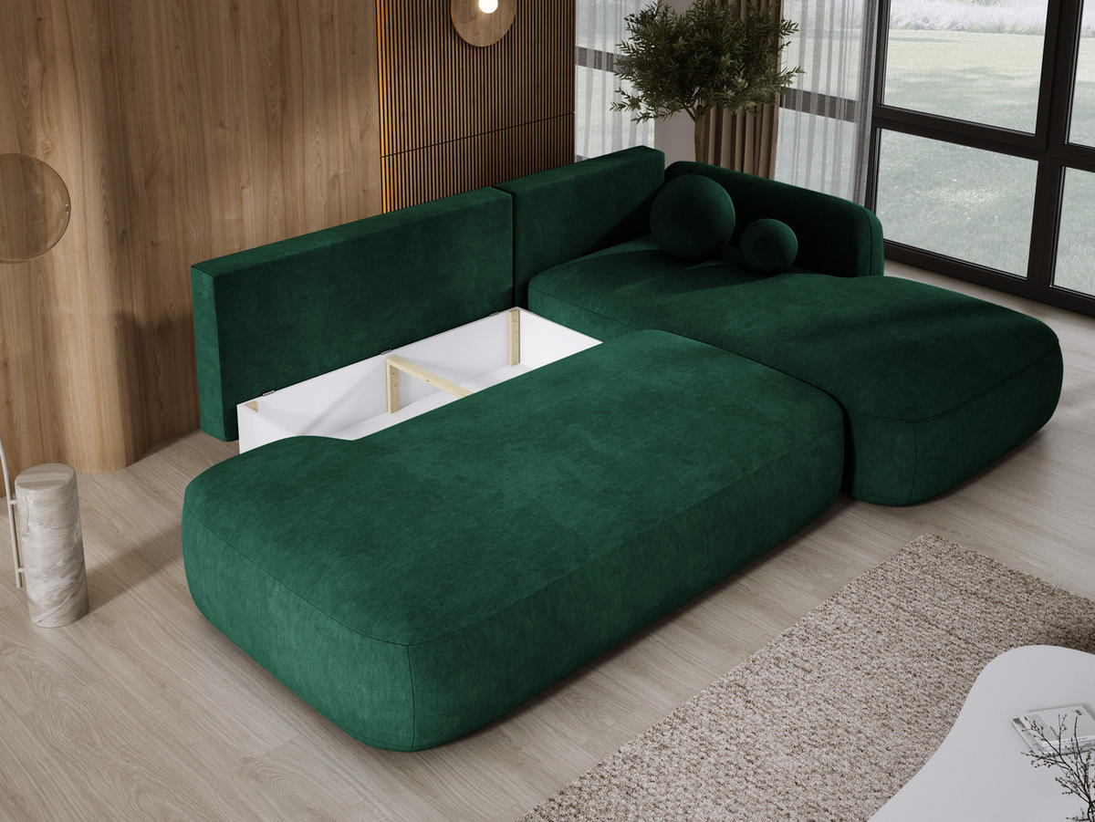 ECKSOFA BABU mit Bettfunktion – Moderne Polsterecke für Wohnzimmer, Funktionales Schlafsofa im Stoff CLOUD, 300x105x60 cm, Rechte, – Grün - Jadegrün, Holz/Textil (300/190cm) - DomoHome
