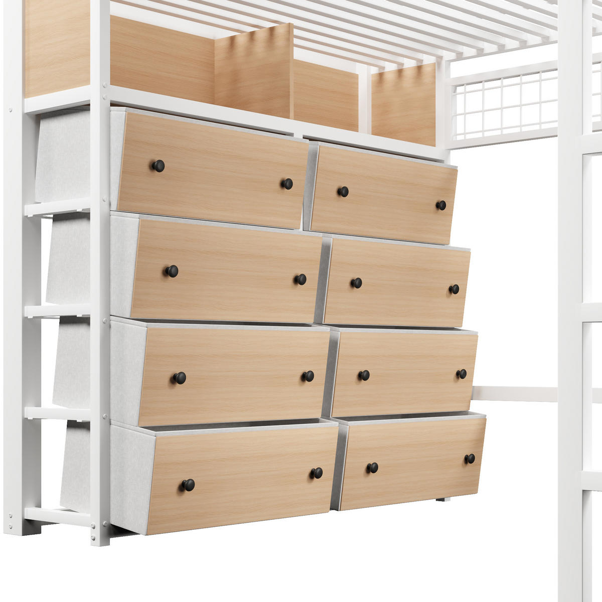 HOCHBETT 140/200 cm in Weiß mit 8 Schubladen, LED, Regalen und Lochwand - Weiß, Holzwerkstoff/Metall (140/200cm) - WISHDOR