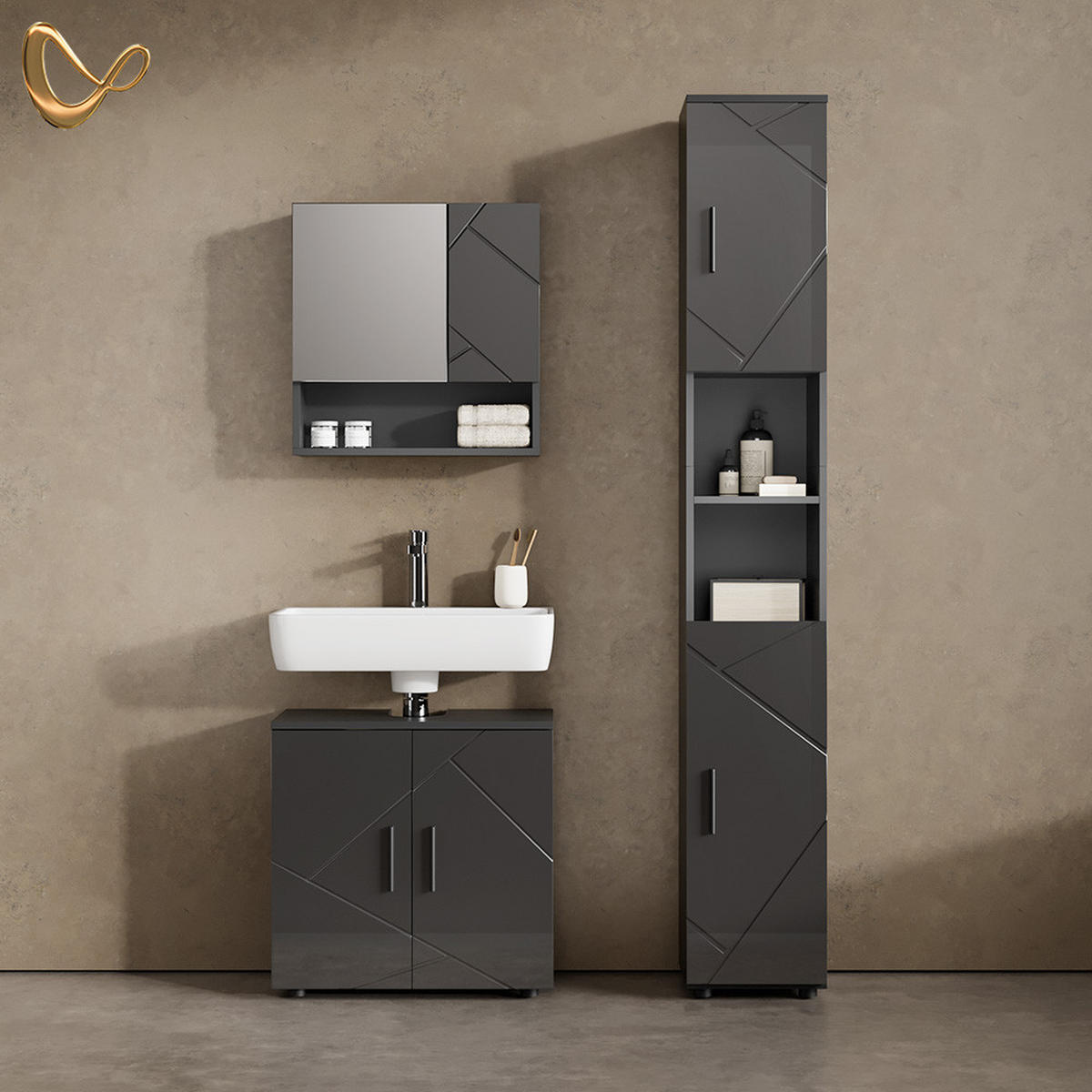BADMÖBEL-SET Ronco Anthrazit Hochglanz 3 Teile, mit Hochschrank - Anthrazit, Holzwerkstoff (60/192/30cm) - Livinity®