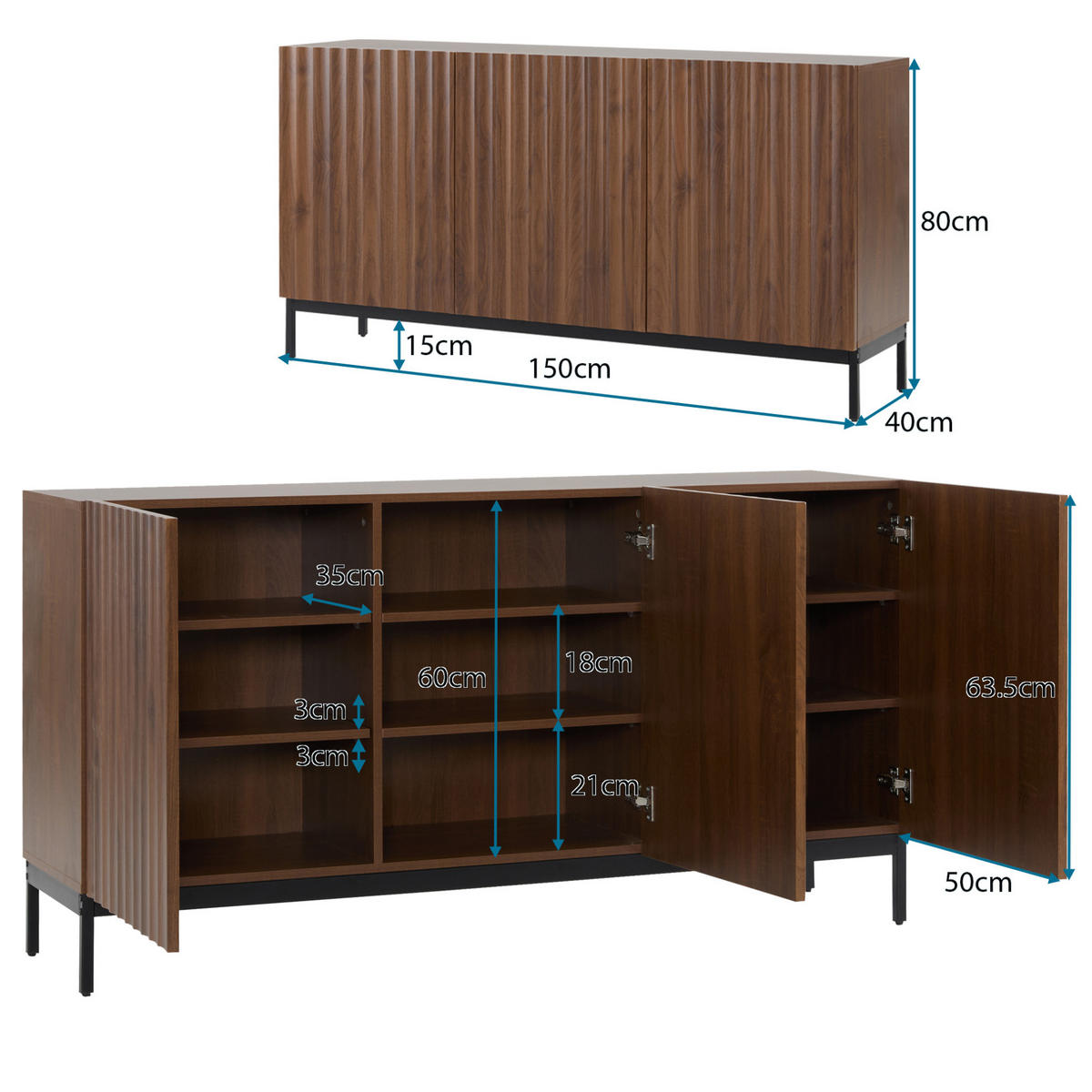 SIDEBOARD aus MDF 150x40x80 cm Dunkelbraun mit verstellbaren Einlegeböden - Dunkelbraun, Holzwerkstoff (150/80/40cm) - IVMEU