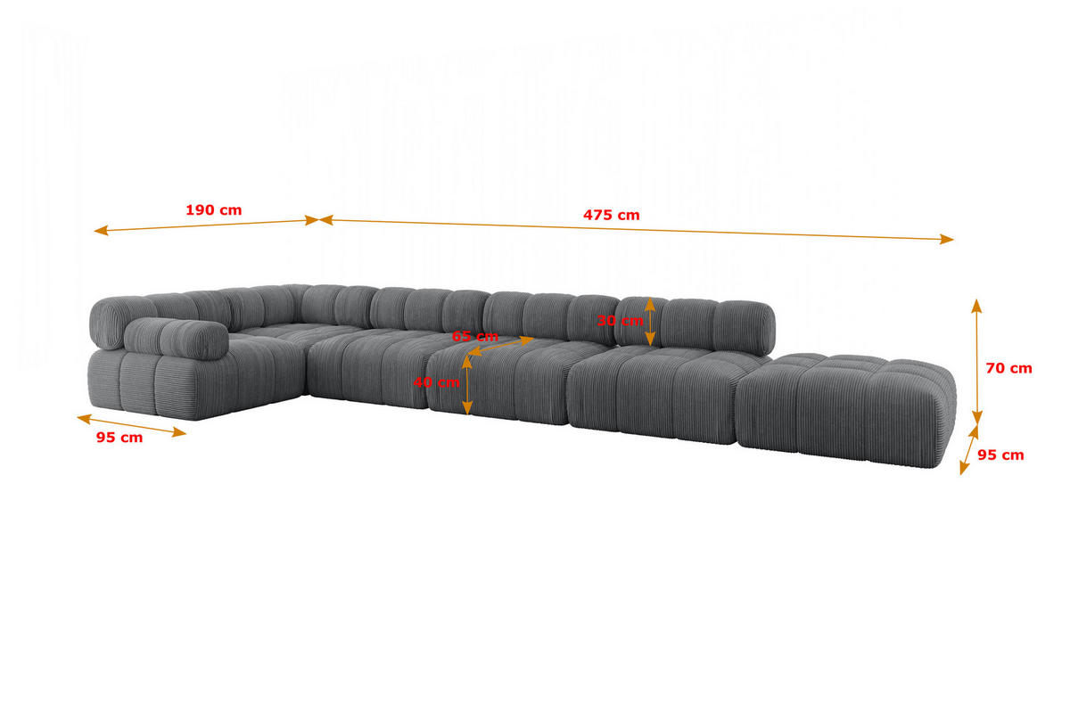 ECKSOFA modulares Sofa Felto-L3 - 475x190x70 cm Dunkelgrau Cord - Dunkelgrau, Holzwerkstoff/Textil (475/190cm) - ALTDECOR