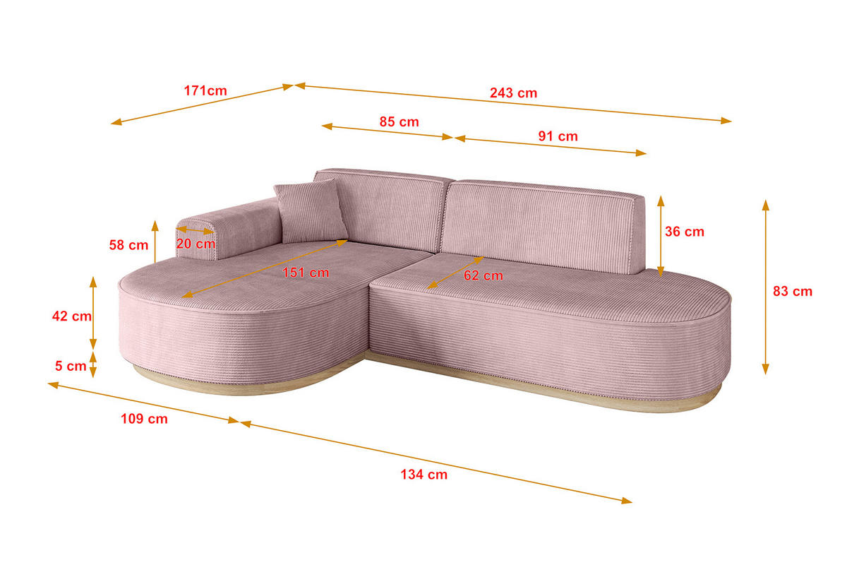 ECKSOFA Ottomane Links MARI-L1-v1 - 243x171x83 cm Rosa Cord - Rosa, Holzwerkstoff/Textil (243/171cm) - ALTDECOR