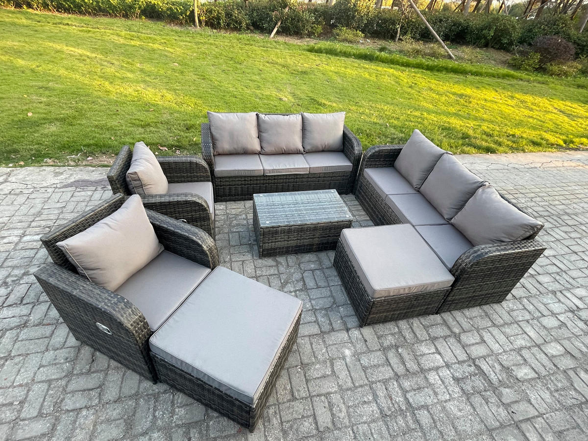 GARTENMÖBELGARNITUR mit KISSEN Polyrattan Dunkelgrau 10-Sitzer - Dunkelgrau/Grau, Glas/Kunststoff - Fimous