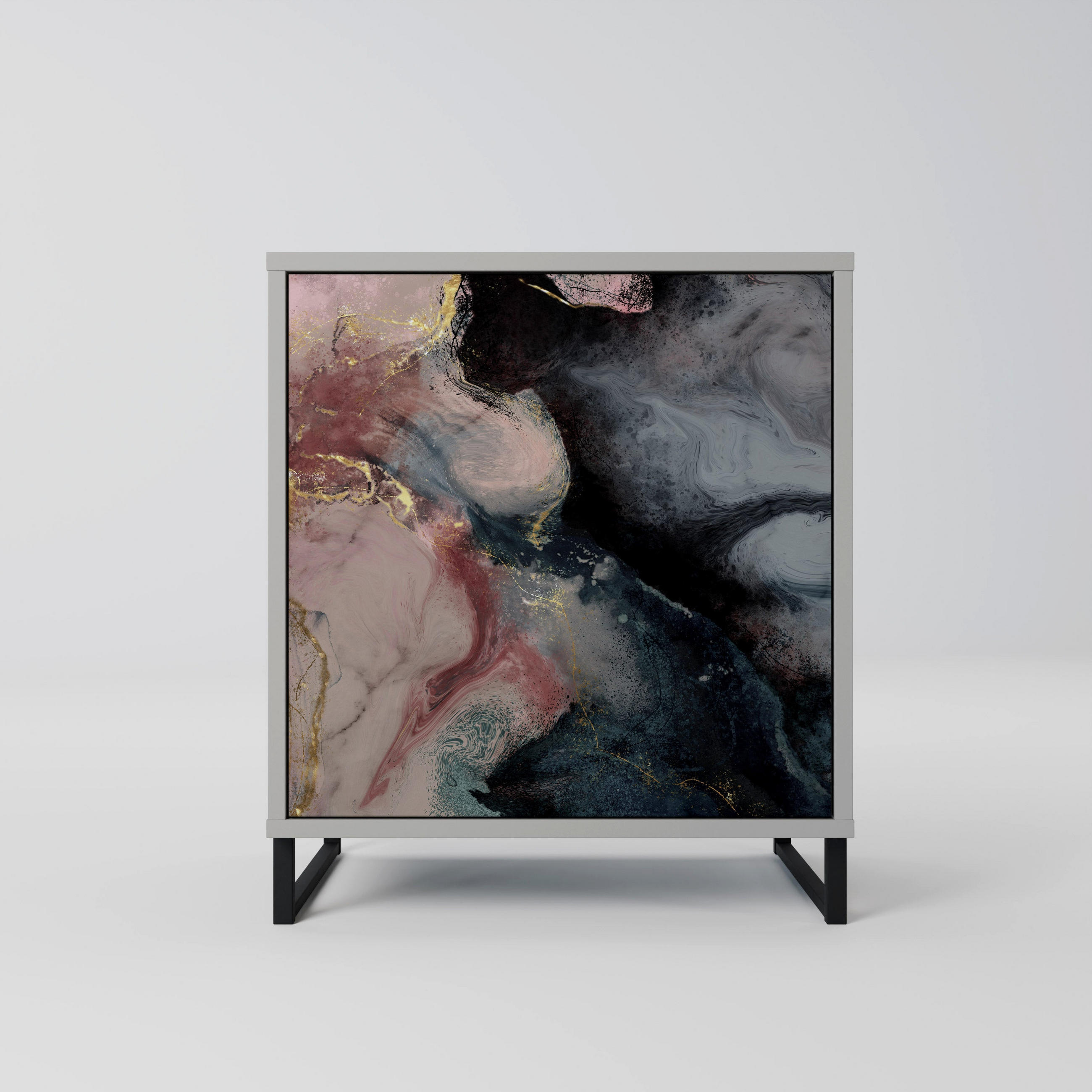 SIDEBOARD GILDED SWIRLS, Grau, 57,5x42x67,5 cm, Schwarze Metall-Rahmenfüße - Multicolor/Schwarz, Holzwerkstoff/Metall (57.5/67.5/42cm) - SpaceRebels