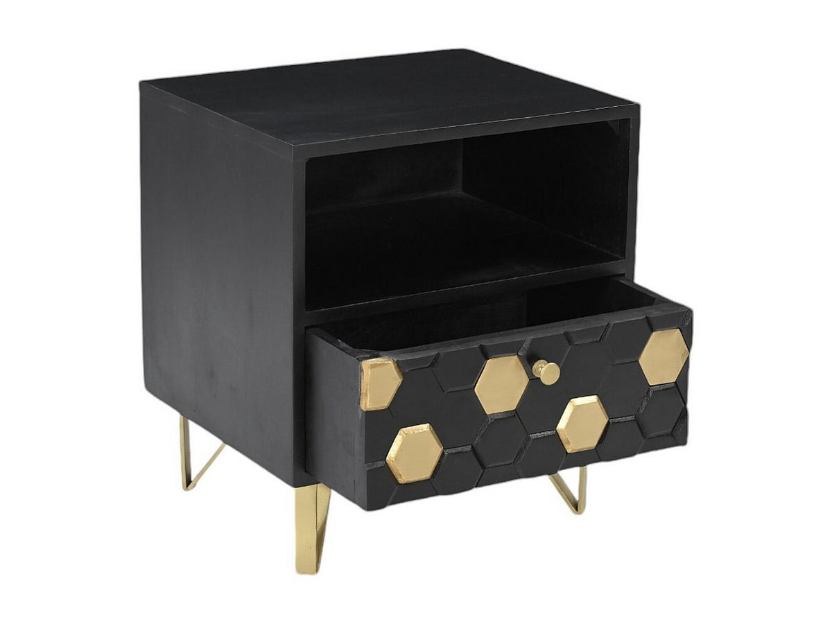 NACHTTISCH mit 1 Schublade & 1 Ablagefach - Mangoholz & Metall - Schwarz & Goldfarben - BELORI - Schwarz, Holz (945/50/38cm) - Vente-Unique