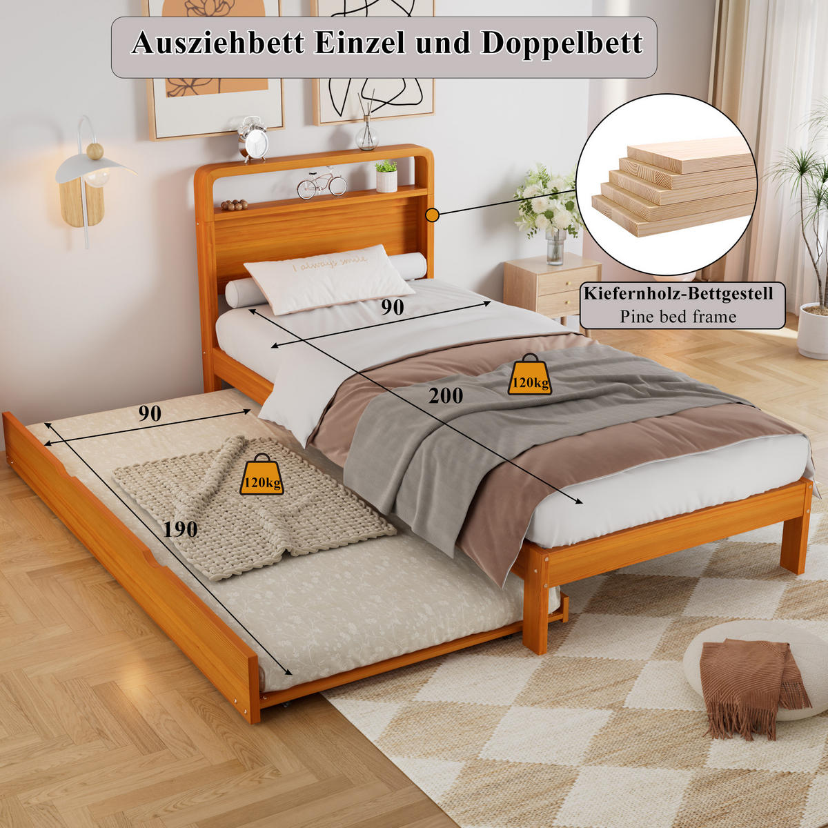 BETT 90/200×190 cm aus Kiefer in Natur mit Gästebett und rundem Kopfteil - Naturfarben, Holz (200/190cm) - Flora Grace