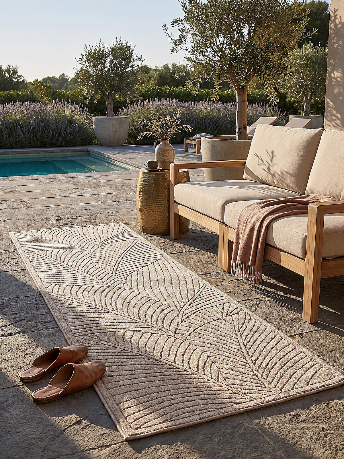 LÄUFER Outdoor, Fußbodenheizung-geeignet, mit Blattmotiv, ENGADIN in Beige, 80 x 250 cm - Beige, Textil (80/250cm) - KADIMA DESIGN