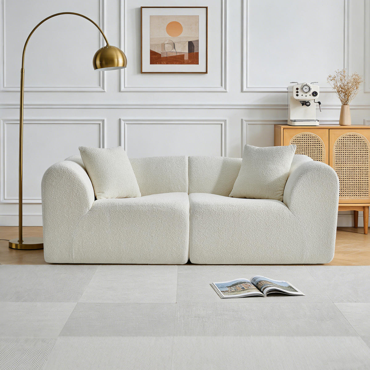 2-SITZER 193/87/67 cm beige aus Samtstoff mit 2 Kissen - Beige, Textil (87/67/193cm) - OKWISH