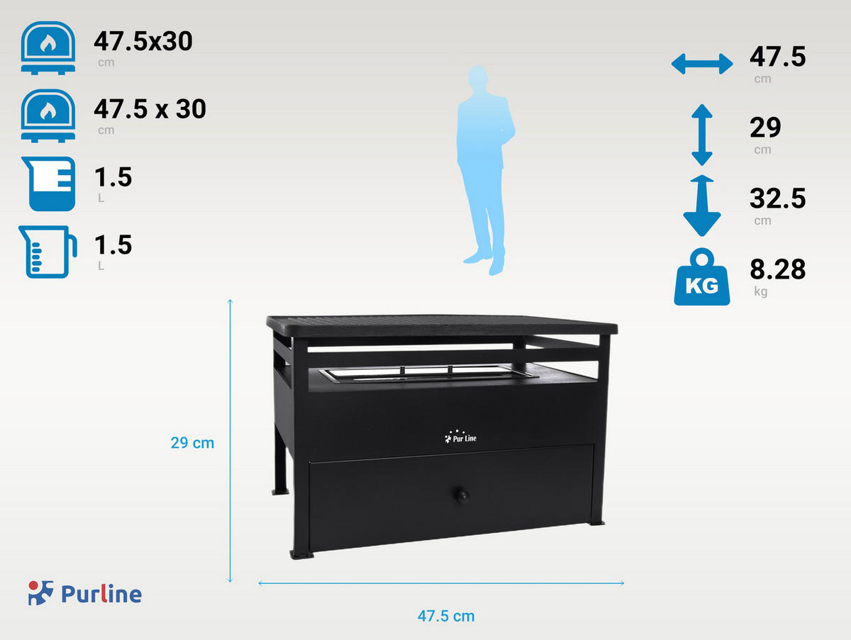 BIOETHANOL-GRILL Schwarz inklusive 1.5 L-Tank mit Gusseisen-Plancha - Schwarz, Metall (48/29/33cm) - Purline