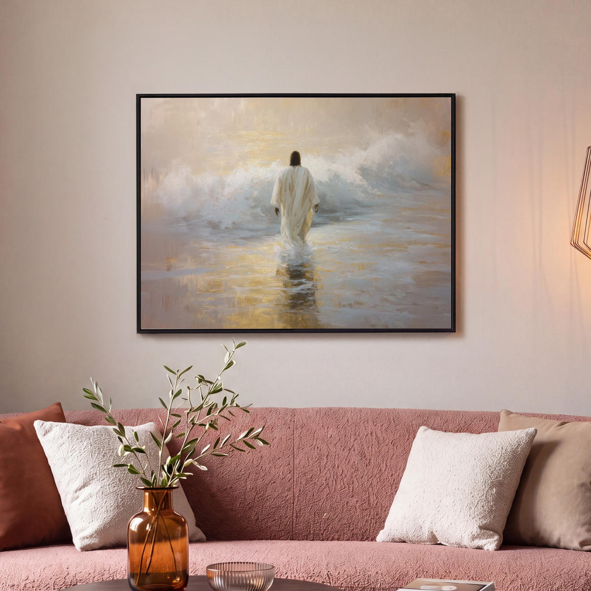 LEINWAND Bilder mit Rahmen - Gemälde - Welle - Jesus - Abstrakt - 80x60 - Goldfarben, Textil (80/60cm) - MuchoWow