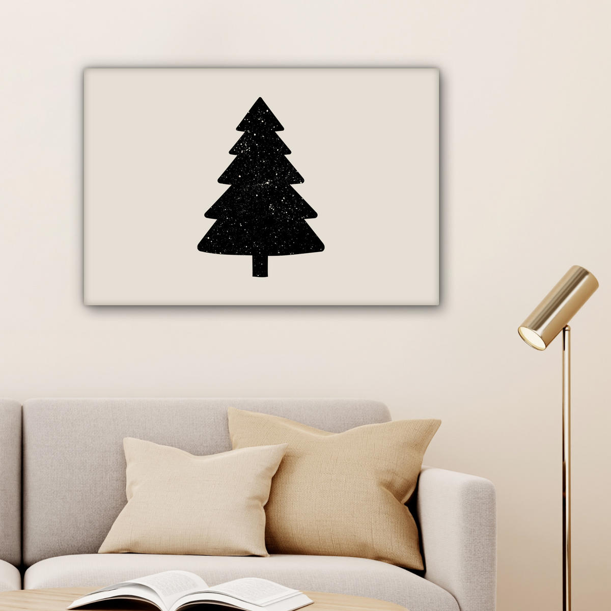 LEINWANDBILD Weihnachtsbaum - Schwarz - Urlaub - Beige Gemälde 60x40 cm - Schwarz, Textil (60/40cm) - MuchoWow