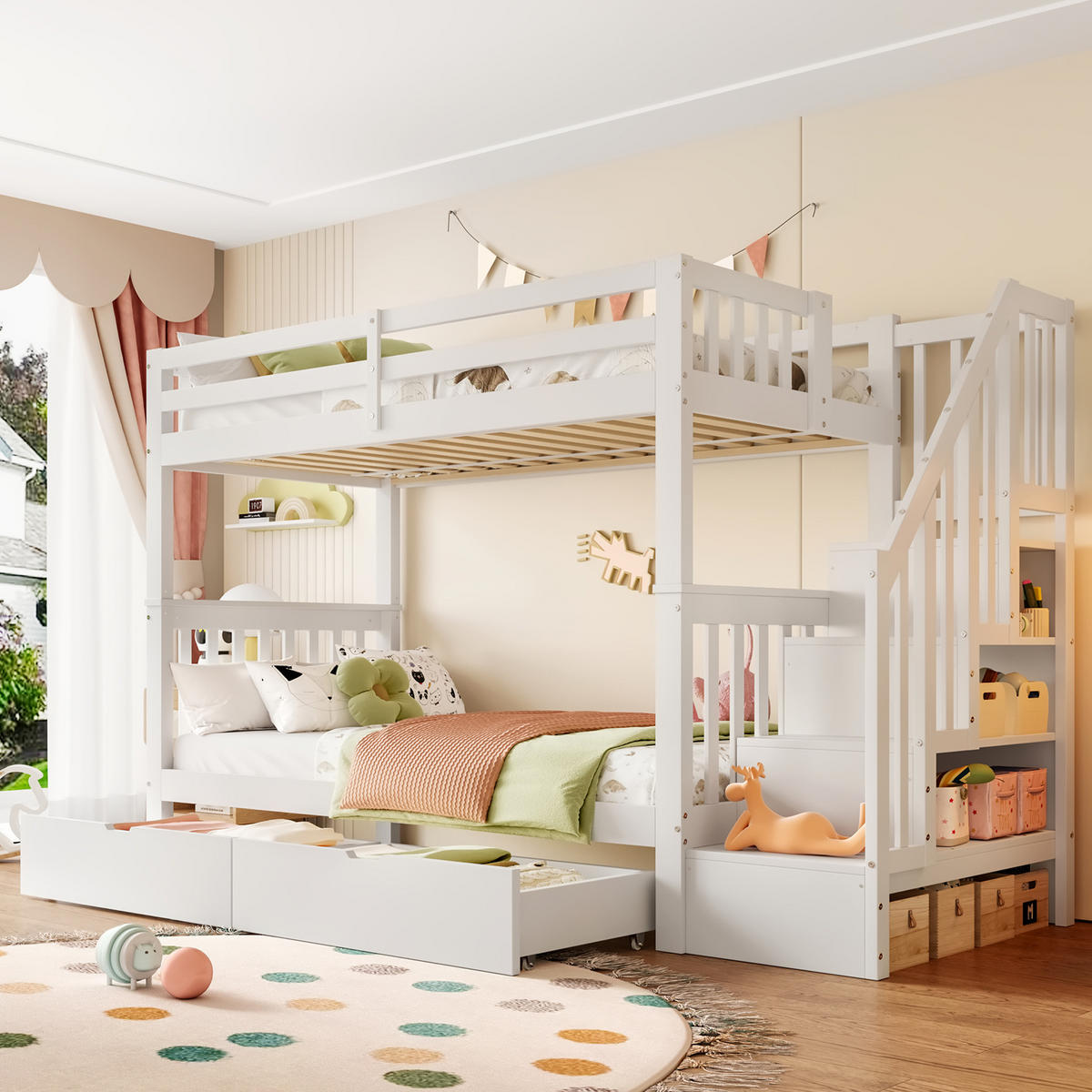 ETAGENBETT 90/200 cm mit Treppenregal, 2 Schubladen und hohem Geländer aus Kiefernholz und MDF, Weiß - Weiß, Holz (90/200cm) - Redom