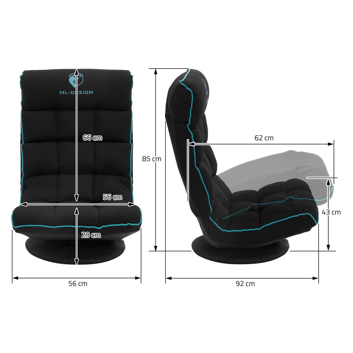 GAMINGOVÁ ŽIDLE NA PODLAHU Černá-tyrkysová látkový potah 360° otočná a nastavitelná - černá/tyrkysová, textil (56/85/92cm) - ML-DESIGN