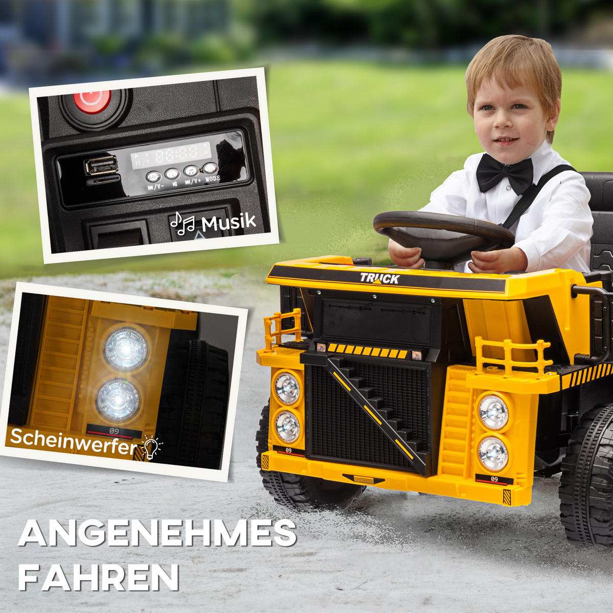 ELEKTRISCHER Traktor mit Schaufel 12 V Kinder Aufsitztraktor, Kinder Elektroauto - Gelb, Kunststoff/Metall (97/63/53cm) - AIYAPLAY