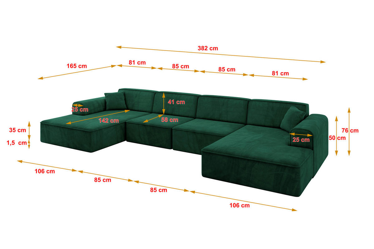 WOHNLANDSCHAFT IREA-U2-v3 - 382x165x76 cm Grün - Smaragdgrün/Grün, Holzwerkstoff/Textil (382/76/165cm) - ALTDECOR