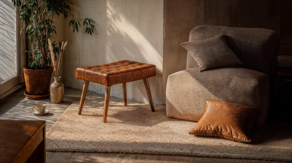 SITZHOCKER – Echtleder/Naturholz, modern, 120 kg Belastbarkeit - Braun, Mangoholz/Leder (67/47/39cm) - KADIMA DESIGN