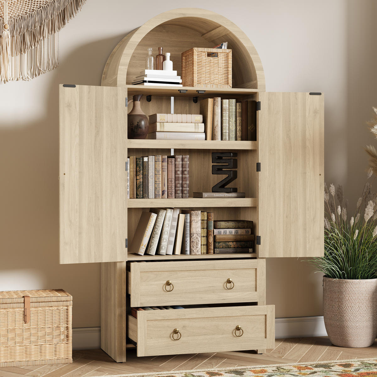 SIDEBOARD Rattan Bogen 2 Schubladen - Eichefarben, Holz (80/180/40cm) - Fortuna Lai