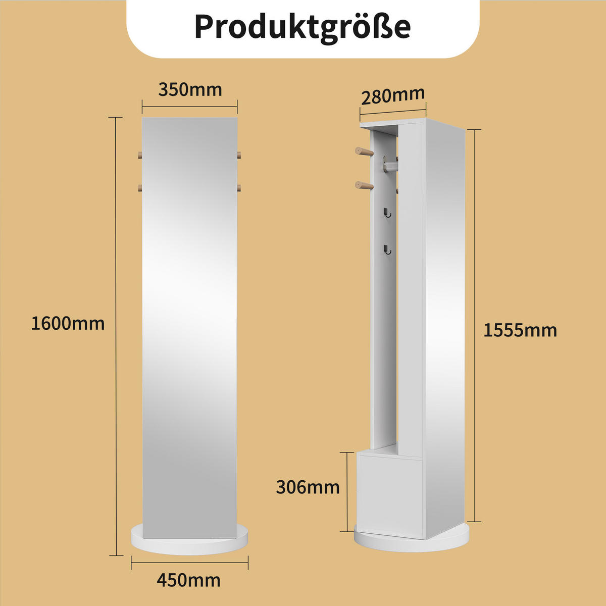 STOJEČE ogledalo z omaro, vrtljivo za 360°, s kavlji in 2 predaloma, belo - bela, steklo (45/160/45cm)