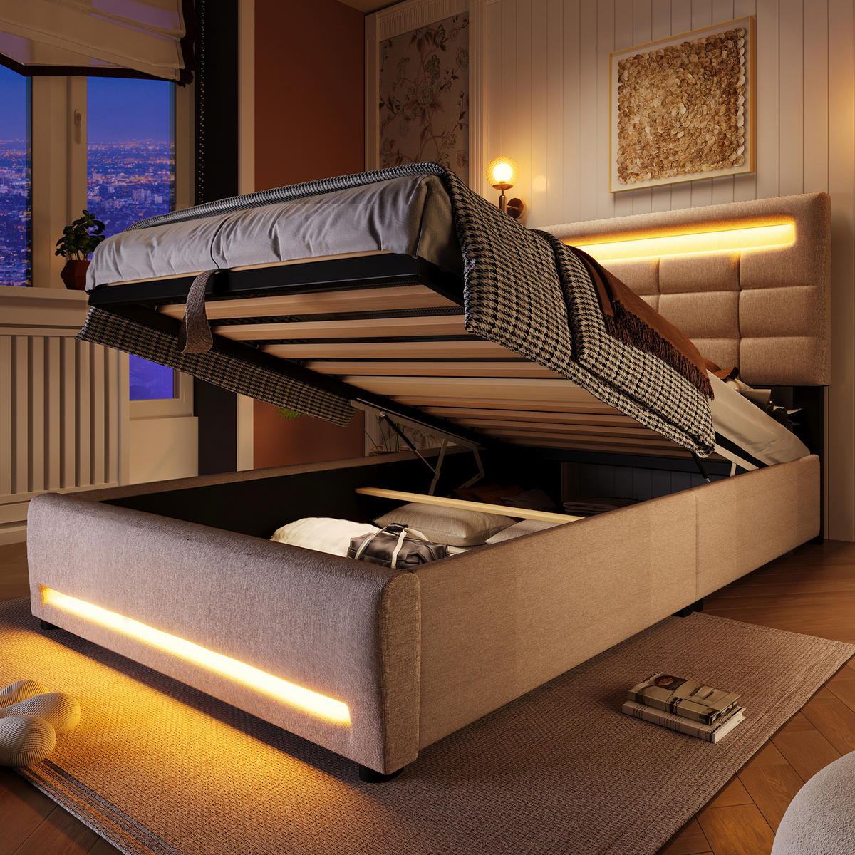 STAURAUMBETT 90/200 cm DE-04909, mit LED, Hydraulik und USB in Beige - Beige, Holzwerkstoff/Metall (90/200cm) - ComfortXL