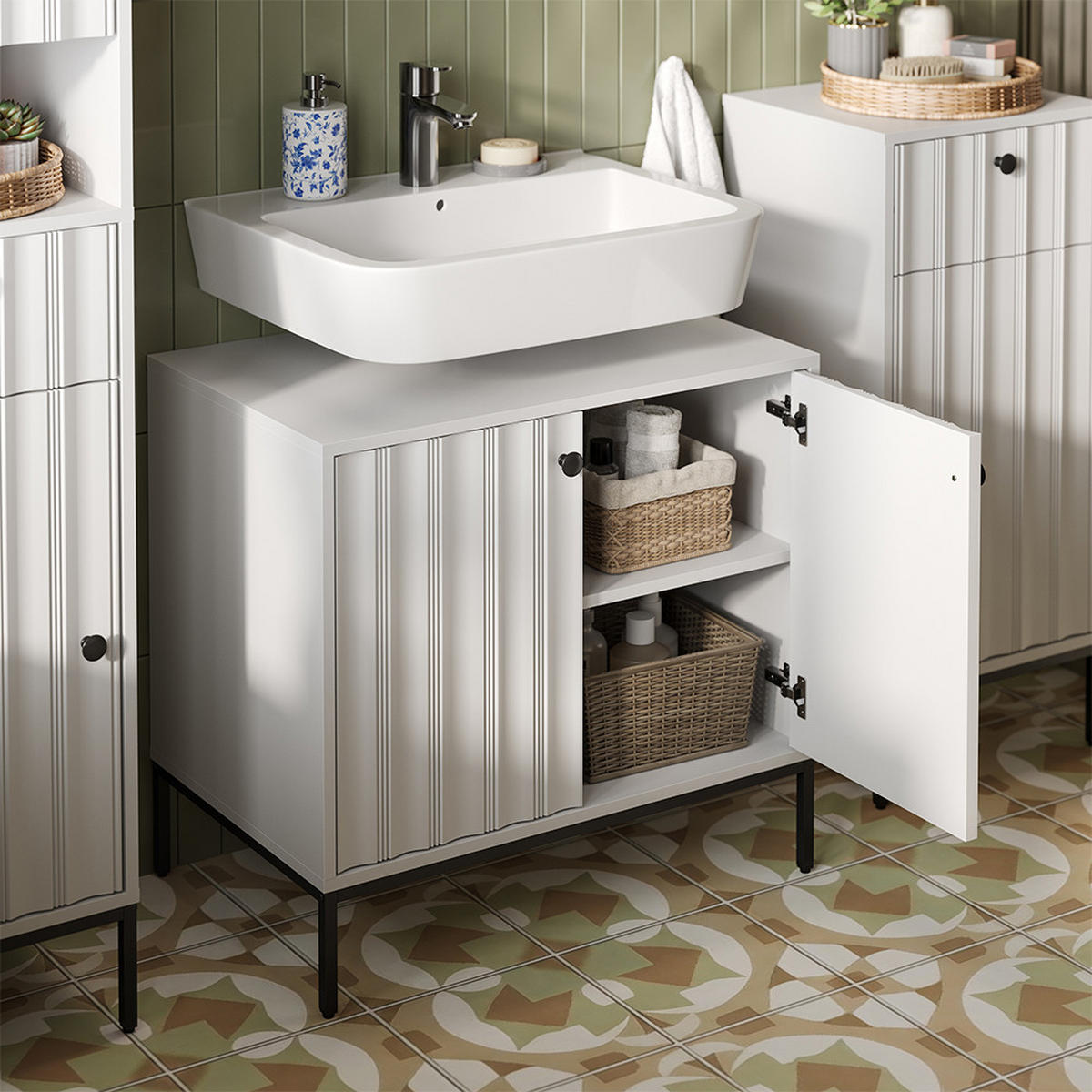 BADMÖBEL-SET Eliza Weiß Riffel 5 Teile - Weiß, Holzwerkstoff (70/65/45cm) - Vicco