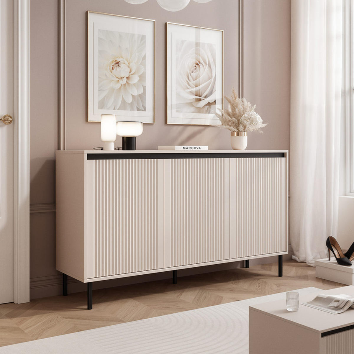 KOMMODE LIRA 149 cm, Beige - Beige/Schwarz, Holzwerkstoff/Metall (149/100/40cm) - Idohome