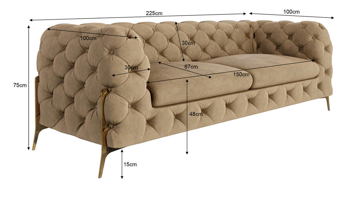 CHESTERFIELD-SOFA 3-Sitzer Lexi Beige Samt - Beige/Goldfarben, Holz/Textil (225/75/100cm) - S-Style Möbel
