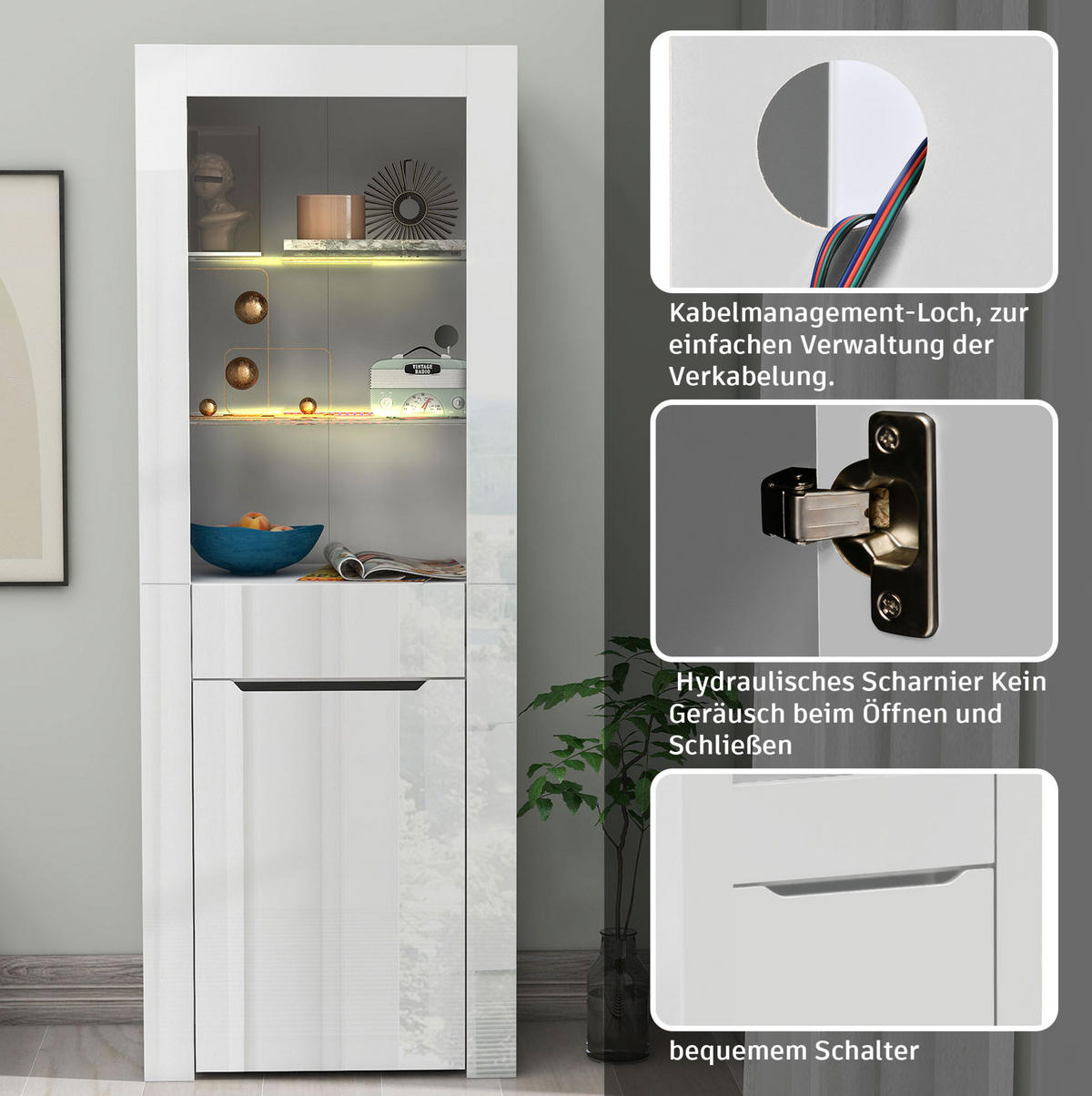 VITRINE 60/35,5/165 cm mit App-LED-Beleuchtung, 1 Schublade und 2 Regalen aus Spanplatte, Weiß - Weiß, Holzwerkstoff (60/165/35.5cm) - Redom