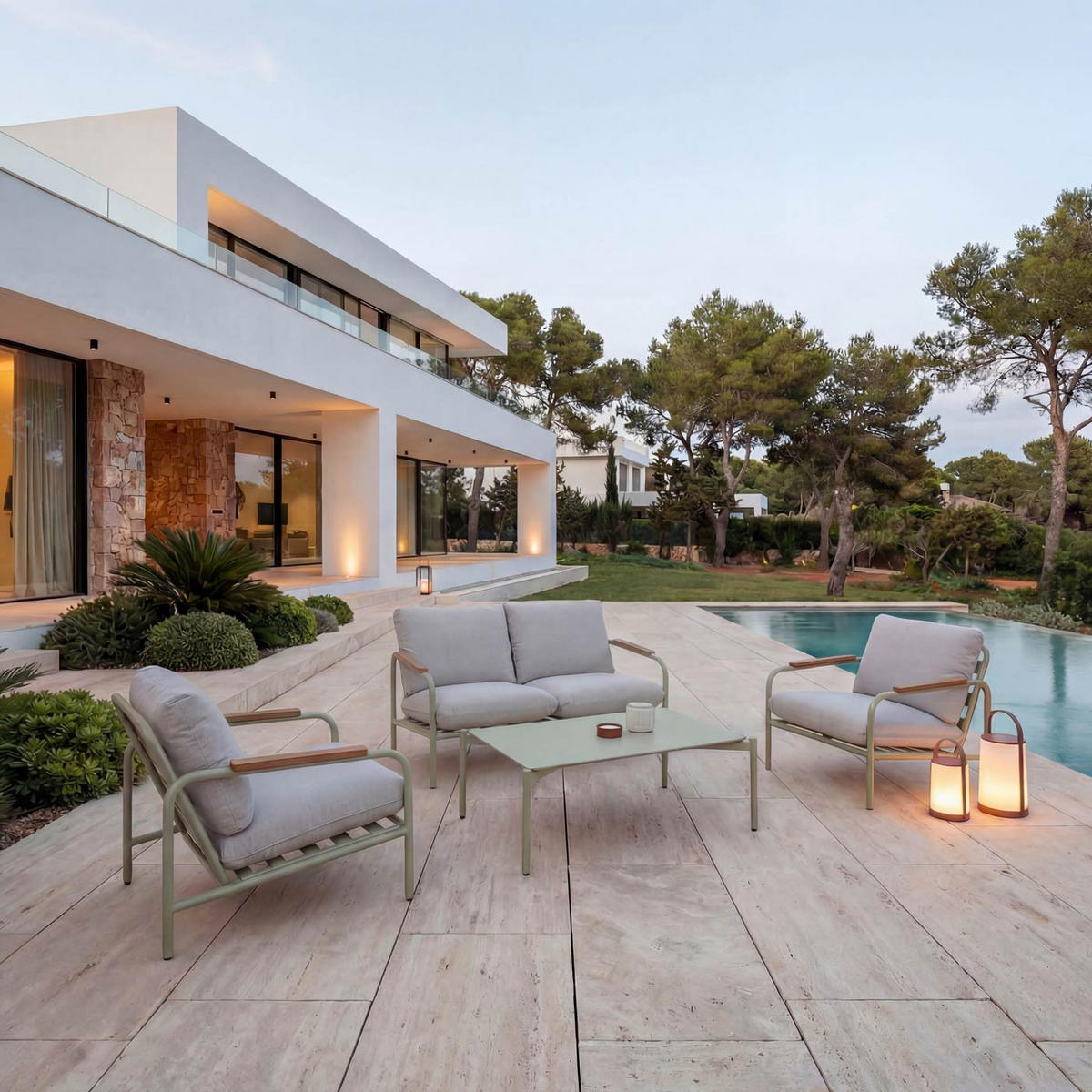 GARTENGARNITUR Hellgrün, Beige 1x 2-Sitzer Gartenbank, 2x Sessel und 1x Tisch-Set - Beige/Hellgrün, Metall - MCW