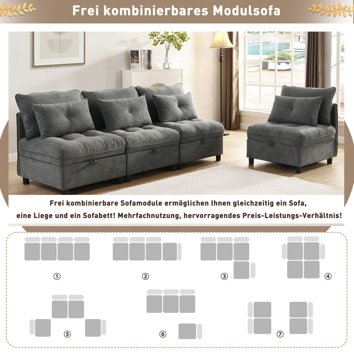 SOFA Chenille mit Stauraum und Schlaffunktion Antik Grau 274/76/87 cm - Alteiche, Textil (274/87/76cm) - Redom