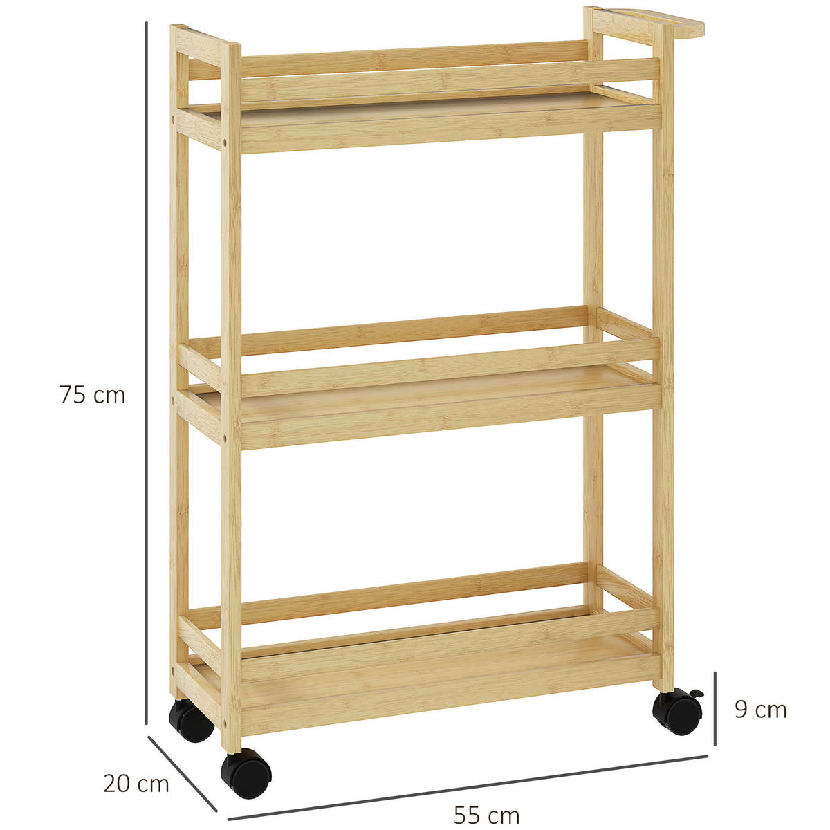 BADEZIMMERREGAL DE-17322 3-stufig mit Rollen & Handgriff Natur - Naturfarben, Naturmaterialien (20/75/55cm) - ComfortXL