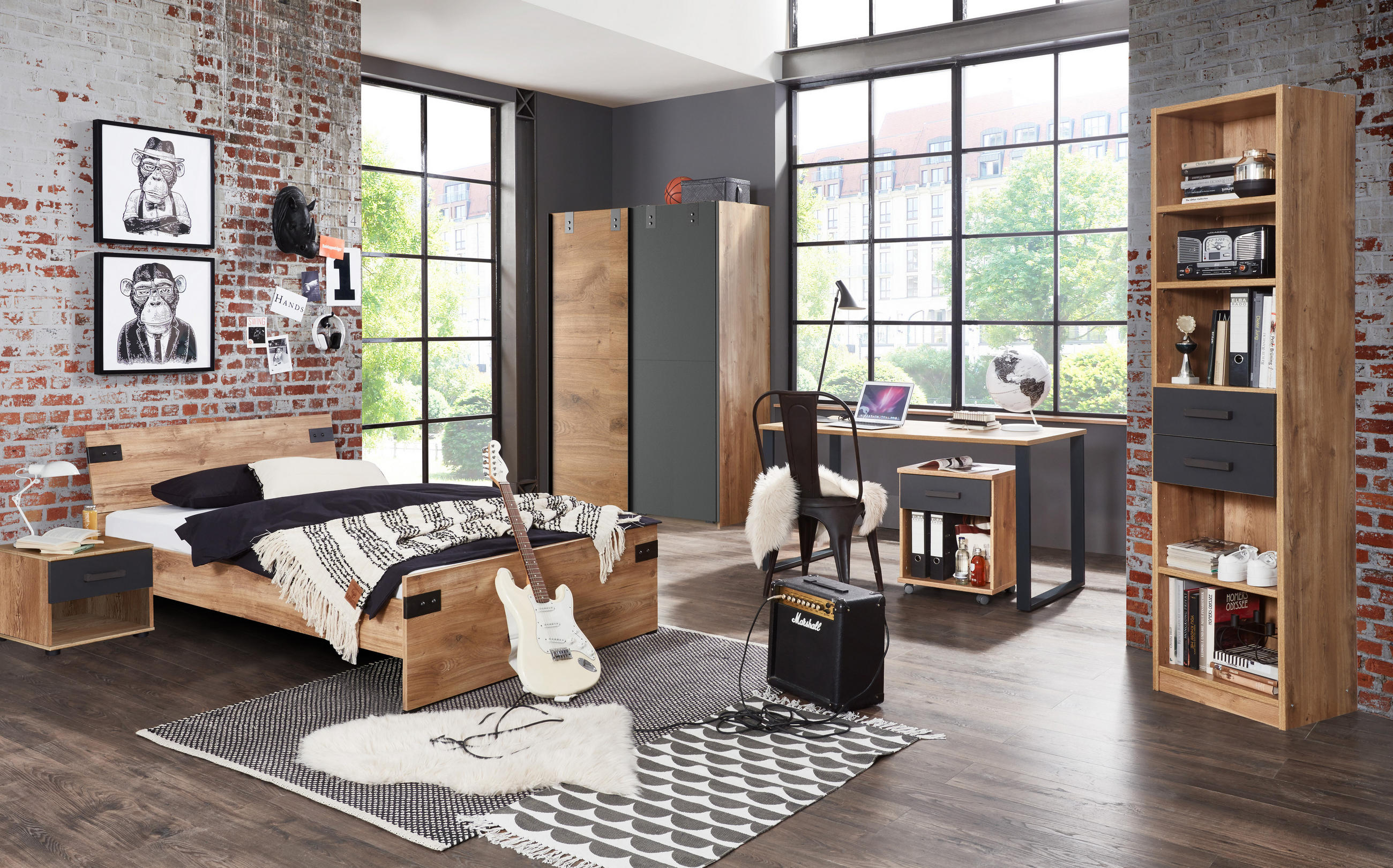 JUGENDZIMMER Liverpool in Plankeneiche und Graphit 6 teilig mit 140er Bett und Schwebetürenschrank - Braun, Holzwerkstoff (120/200/80cm)