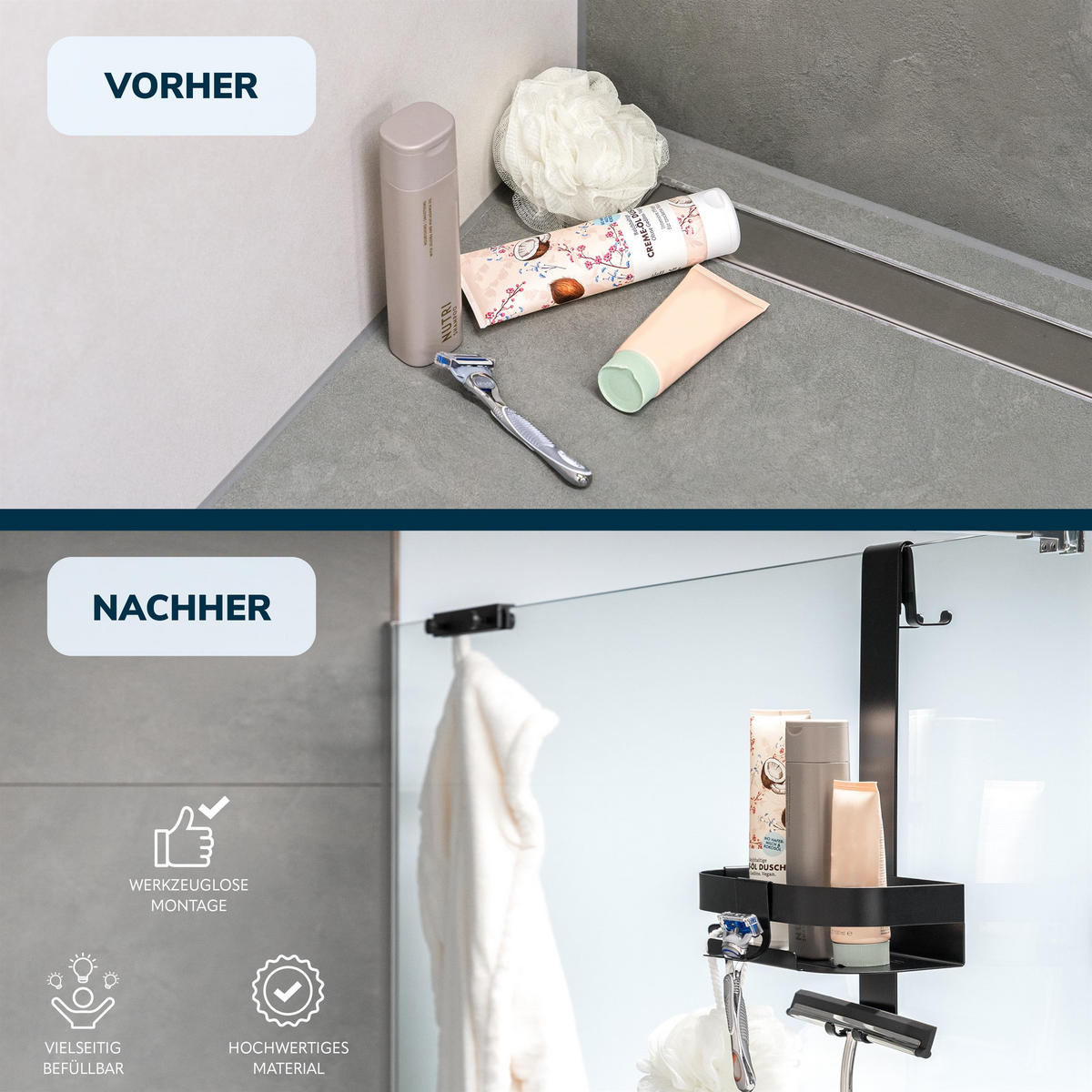 DUSCHABLAGE für Glasduschwand, Edelstahl schwarz - Schwarz, Metall (23/67.5/10.5cm) - eluno