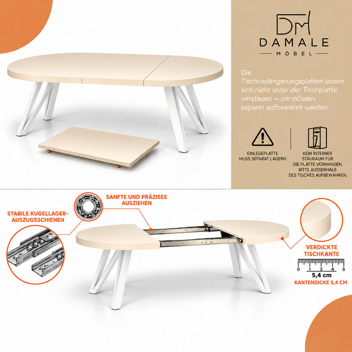 ESSTISCH rund ausziehbar 100/300/76 cm, Kaschmir, 54 cm Tischplatte + Industrial Metallgestell Weiß - Kaschmir/Weiß, Holzwerkstoff/Metall (100/300/76cm) - Damale Möbel
