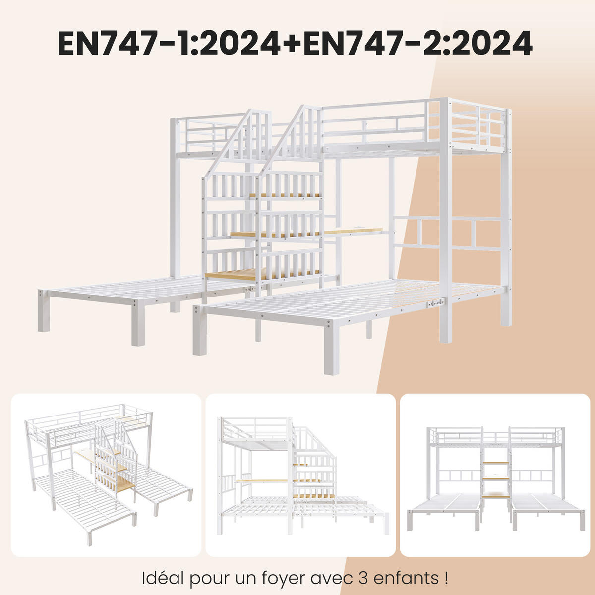 ETAGENBETT Kinder 90x200 Weiß mit LED, Leiter, Schreibtisch und Stauraum - Weiß, Metall (90/200cm) - ComfortXL