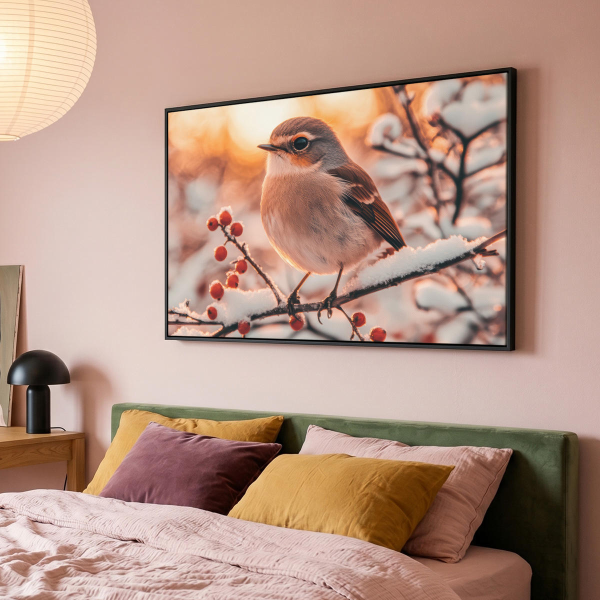 LEINWAND Bilder mit Rahmen - Vogel - Zweig - Winter - Tiere - Schnee - 140x90 - Bernsteinfarben, Textil (140/90cm) - MuchoWow