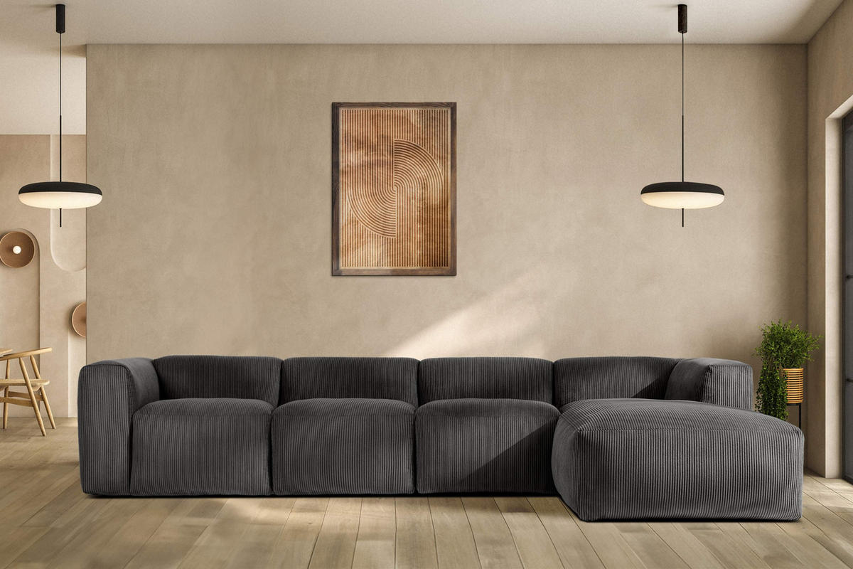 ECKMODULSOFA-LINKS BUFFO 6-Sitzer mit extrem weicher Sitzfläche, Kordstoff, grau - Grau, Textil (377/180cm) - KONSIMO®