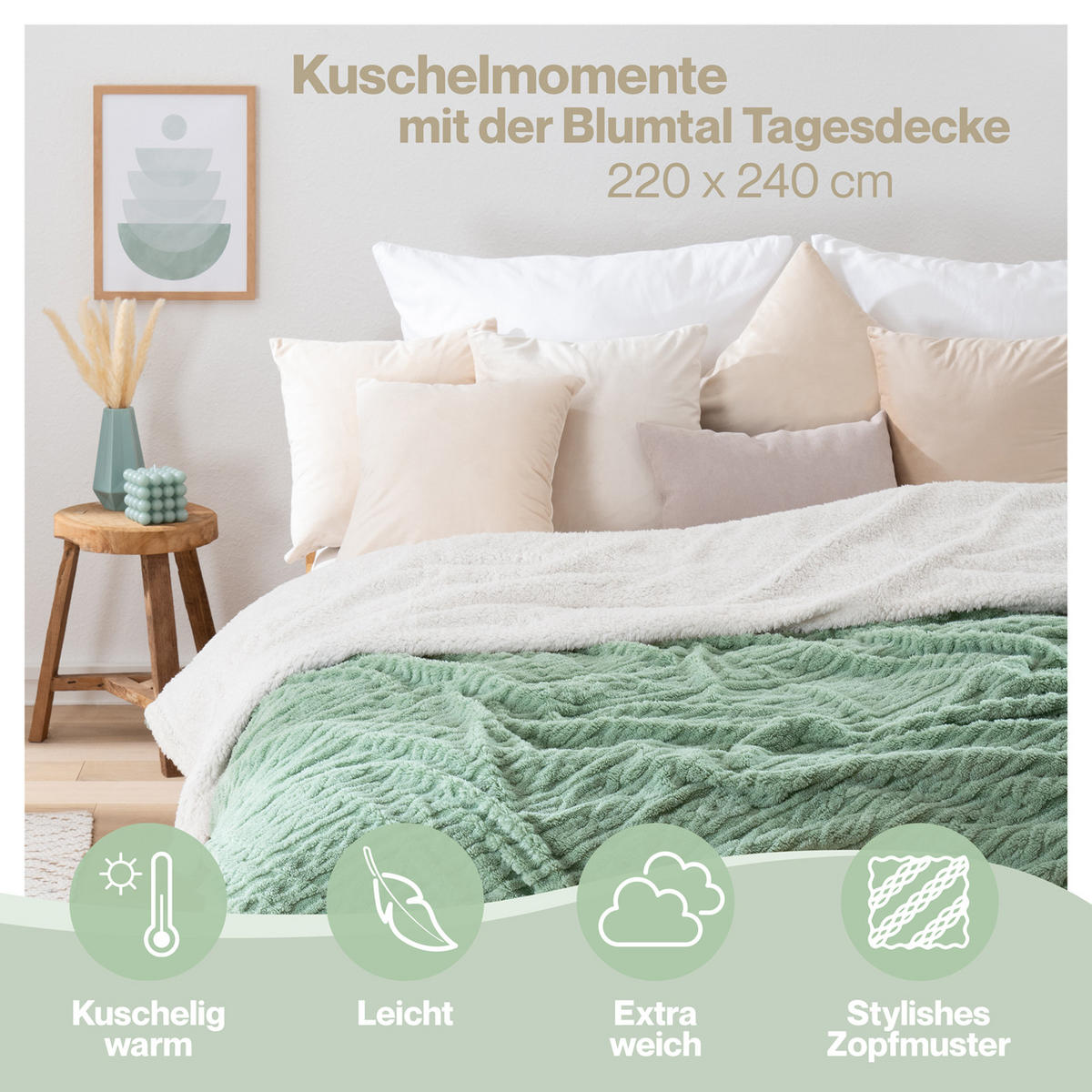 KUSCHELDECKE 220/240 cm, Grün & Beige - Grün/Sonoma Eiche, Textil (220/240cm) - Blumtal